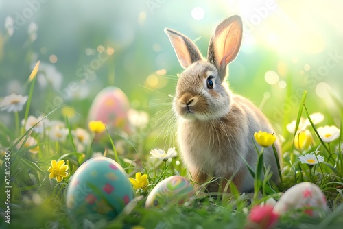 Easter Bunny Amidst Colorful Eggs and Spring Flowers in Sunlit Field © liudmila