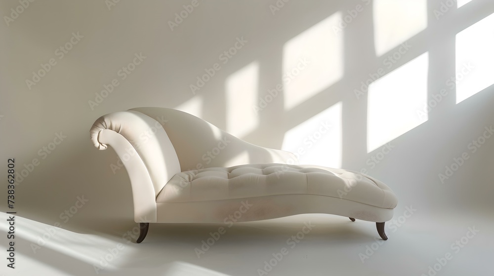 Elegant white chaise lounge in a minimalist room bathed in sunlight ...