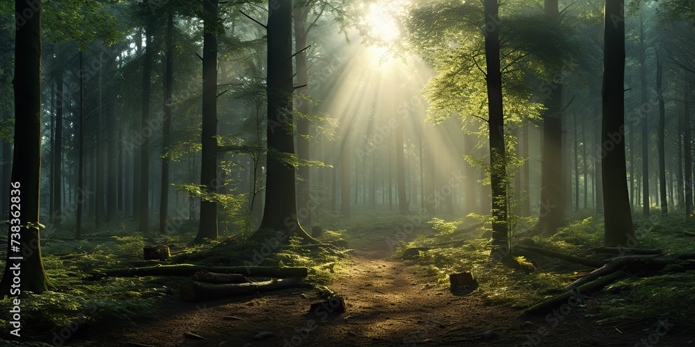 Nature outdoor forest with sun lights rays background. Adventure realxing