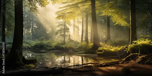 Nature outdoor forest with sun lights rays background. Adventure realxing