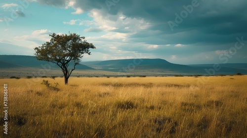 Lone tree standing in a golden savanna landscape. serene nature scene. ideal for backgrounds and wallpapers. AI