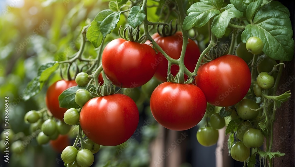 A close-up view of plump, juicy tomatoes hanging from the vine, their vibrant red color contrasting with the verdant foliage, rendered in stunning detail. generative AI