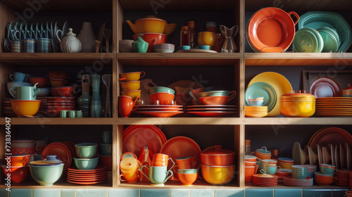 An abstract composition of colorful ceramic dishes neatly arranged in an open kitchen cabinet