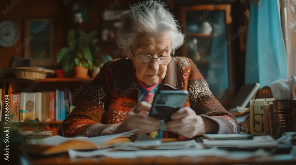 Elderly woman focused on handheld device as sunlight filters through. cozy, vintage atmosphere captured in soft hues. AI