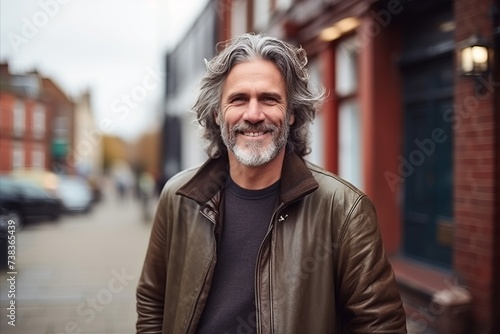 Portrait of a handsome senior man with grey hair standing in the street