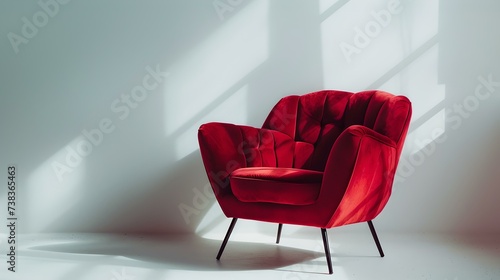 Elegant red armchair in a white minimalist setting. modern furniture design. perfect for stylish interiors. simple yet chic. AI © Irina Ukrainets