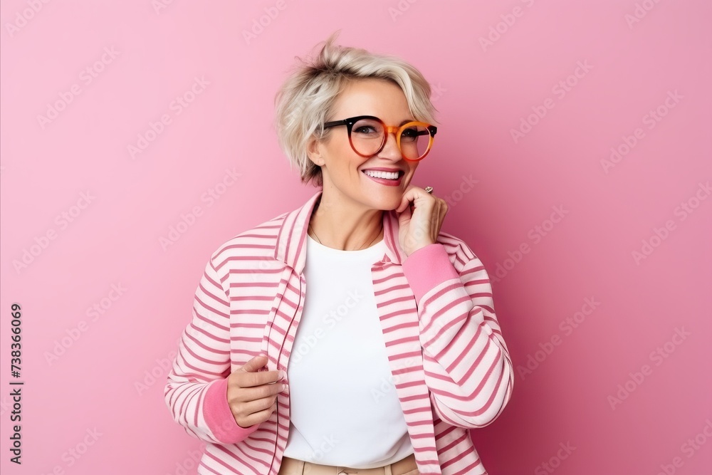 Fashion portrait of smiling middle aged woman in sunglasses on pink background Fashion portrait of smiling middle aged woman in sunglasses on pink background