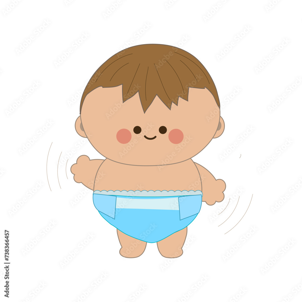 Funny baby in a blue diaper. The baby is waving his hands