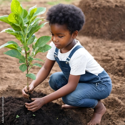 African black child playing planting the green tree gardening in agriculture farm. Children love nature concept.