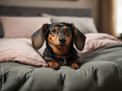 Dachshund dog enjoying a cozy nap in bed. Generated with AI