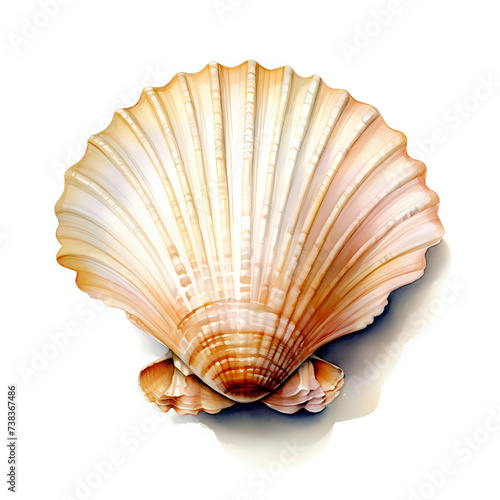 Elegant Scallop Shell Isolated on White.A detailed illustration of a scallop shell with a warm color palette and shadow, perfect for marine themes, beach decor, and educational materials.