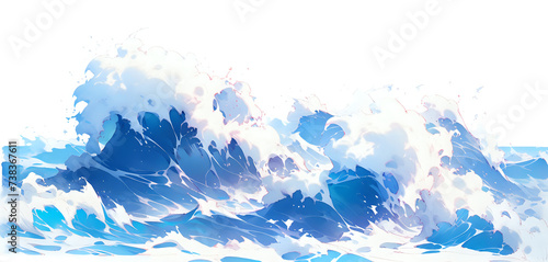 Panoramic Watercolor Ocean Wave Illustration.A panoramic view of a vibrant watercolor ocean wave, perfectly suited for wide-format wallpapers, serene background settings, and marine-themed designs.