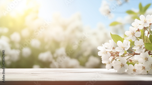 A branch of a flowering tree on a wooden shelf with a view of a flowering garden in the background.  #738367640