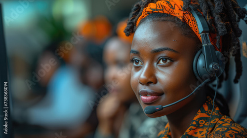 Young friendly operator agent with headsets working in a call centre.
