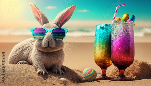 The Easter Bunny is sunbathing on the beach and drinking cocktails