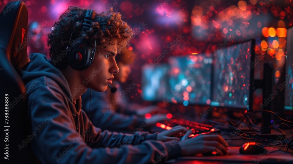 Man Wearing Headphones Sitting in Front of Computer. Generative AI. Man Wearing Headphones Sitting in Front of Computer. Generative AI.