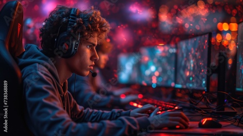 Man Wearing Headphones Sitting in Front of Computer. Generative AI.