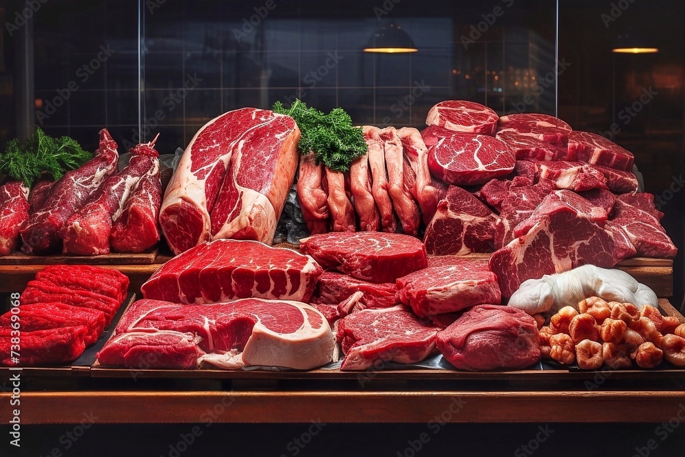 Variety of fresh meat on display at butcher shop counter in supermarket