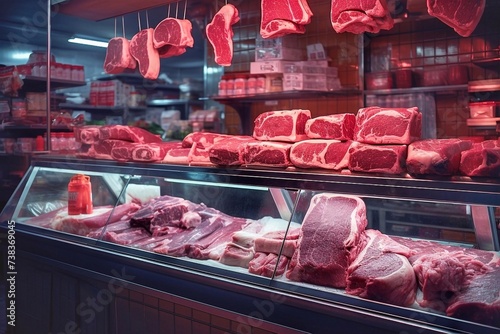 Meat products in a butcher's shop. Red meat in a supermarket.