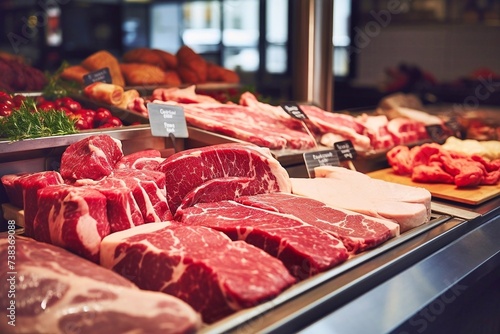 Assortment of fresh meat on display in butchers shop