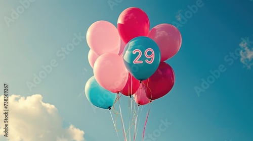 Pastel colored balloons with the number 29 printed. Concept of 29 february leap year day. photo