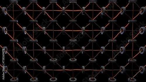 3d rendering animation of magnetic core memory using copper wire and ferrite rings.
