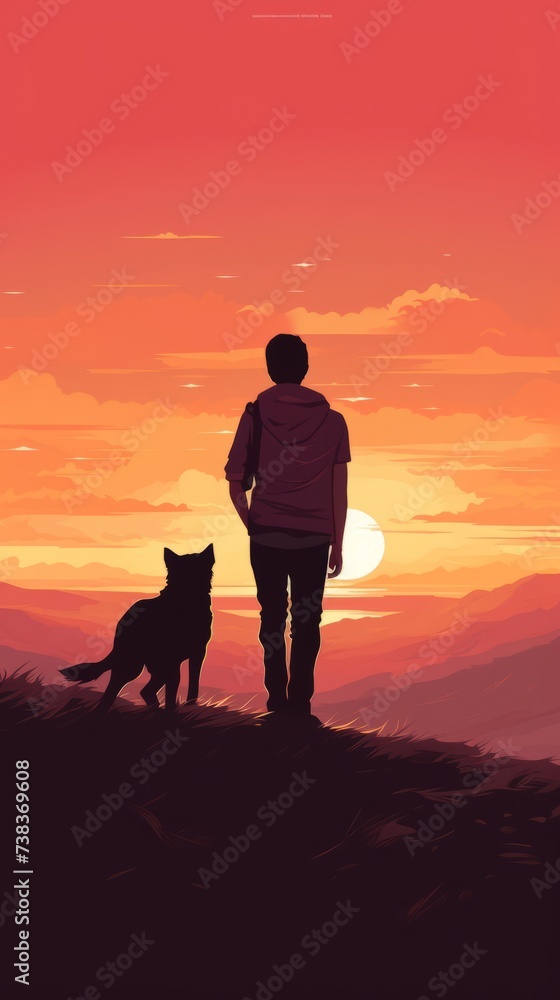 A man and his dog stand atop a hill, the silhouette capturing their tranquil moment as they gaze out over the landscape, a testament to friendship and the beauty of nature.