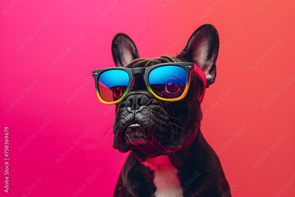 Cool and Trendy Brindle French Bulldog Posing with Colorful Sunglasses on a Vibrant Pink Background