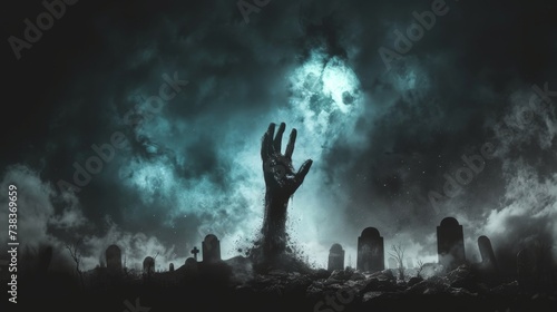 Hand Rising Out Of A Graveyard In Spooky Night