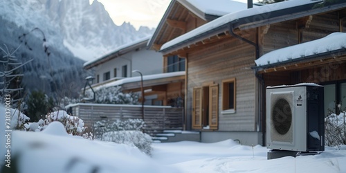 Air source heat pump installed outside, Sustainable and clean energy at home.