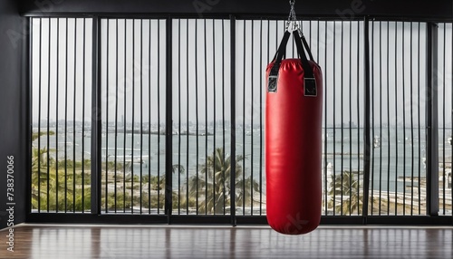 Healthy lifestyle and active sport concept with red punching bag, essential for kickboxing, Muay Thai, and Taekwondo © ibreakstock