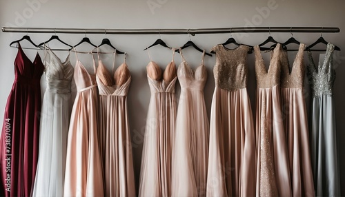 Elegant formal dresses on display in a luxury boutique, featuring prom, wedding, and evening gowns - options for rent for various events