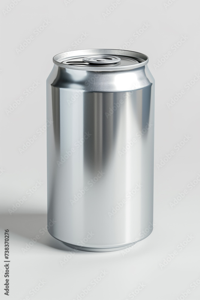 A pristine, blank aluminum can stands isolated against a white background, showcasing its metallic texture and reflective surface. Ideal for product mockups or branding templates. A pristine, blank aluminum can stands isolated against a white background, showcasing its metallic texture and reflective surface. Ideal for product mockups or branding templates.