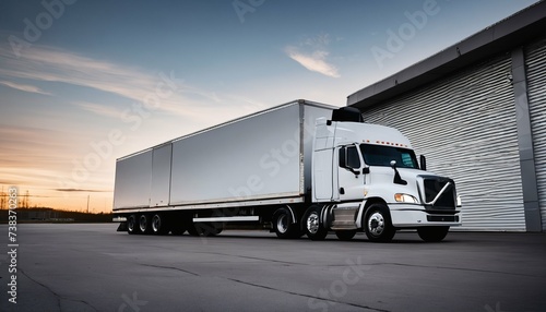 Sunset at the logistics center: White truck parked outside an industrial building © ibreakstock