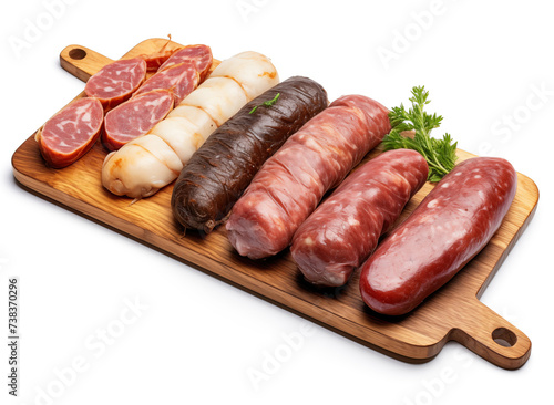 A delicious assortment of grilled sausages and fresh vegetables arranged on a wooden board.