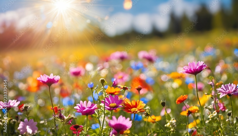 Sunlit colorful flower meadow with blue sky and bokeh lights, summer nature background with space for text