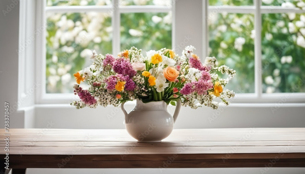 Fresh flowers on a wooden table against a large white window, ideal for springtime decoration Fresh flowers on a wooden table against a large white window, ideal for springtime decoration