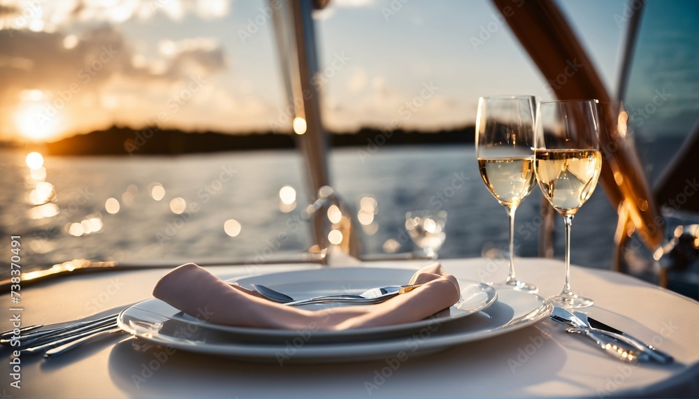 Sunset dining on a motor yacht, elegant table setup for a romantic meal - obrazy, fototapety, plakaty 