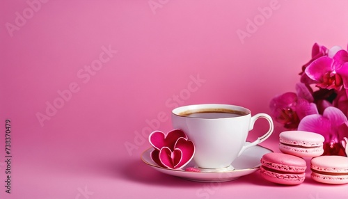 Happy Women's Day setup with pink orchid, hot drink, and macaroon on pastel pink background