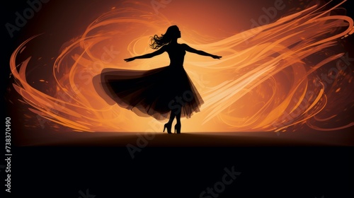 A woman's silhouette in a dress dances through darkness, her figure and movement captured in a mysterious, elegant dance with the shadows.