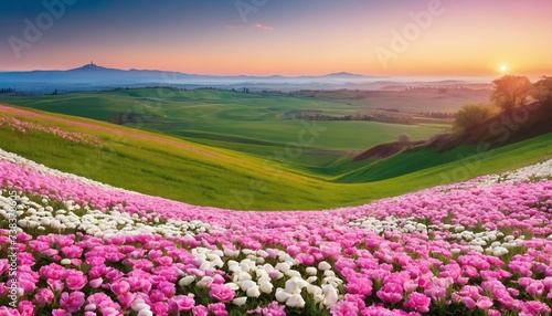 Expansive floral landscape with abundant pink and white blossoms near a rolling hill