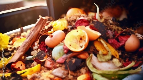 Closeup of a compost bin filled with decomposing food waste and ss. photo