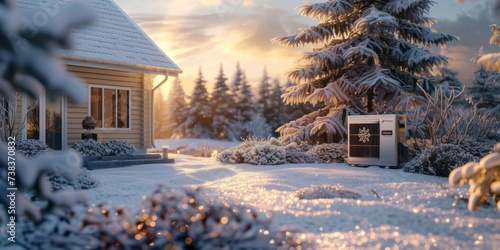 Air source heat pump installed outside, Sustainable and clean energy at home.