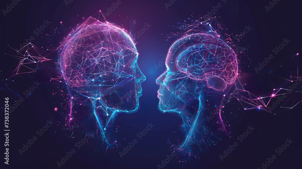The mental health concept is depicted through a vector illustration showing two heads with a continuous line forming a brain, symbolizing interconnectedness and unity in mental well-being
