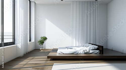 Serene Minimalist Bedroom with Platform Bed and Privacy Curtains © ArquitecAi