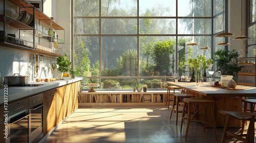 a sunny home kitchen, there's a spacious island, sink, furniture, and large windows that flood the space with natural light