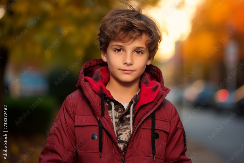 Portrait of a cute little boy in a red jacket on the street. Portrait of a cute little boy in a red jacket on the street.