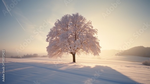 Solitary tree blanketed in snow during a tranquil winter sunrise