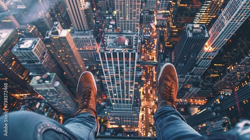 "Height Fears - Peering down from the dizzying heights of the skyscraper, feeling a mixture of exhilaration and trepidation, the experience atop the skyscraper challenges one's courage and offers