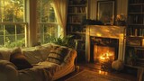Cozy living room with warm fireplace, books, and comfortable sofa bathed in golden light